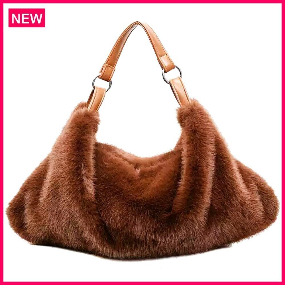 Large Faux Fur Hobo Bag, Adjustable Strap, Winter Tote, Plush Purse